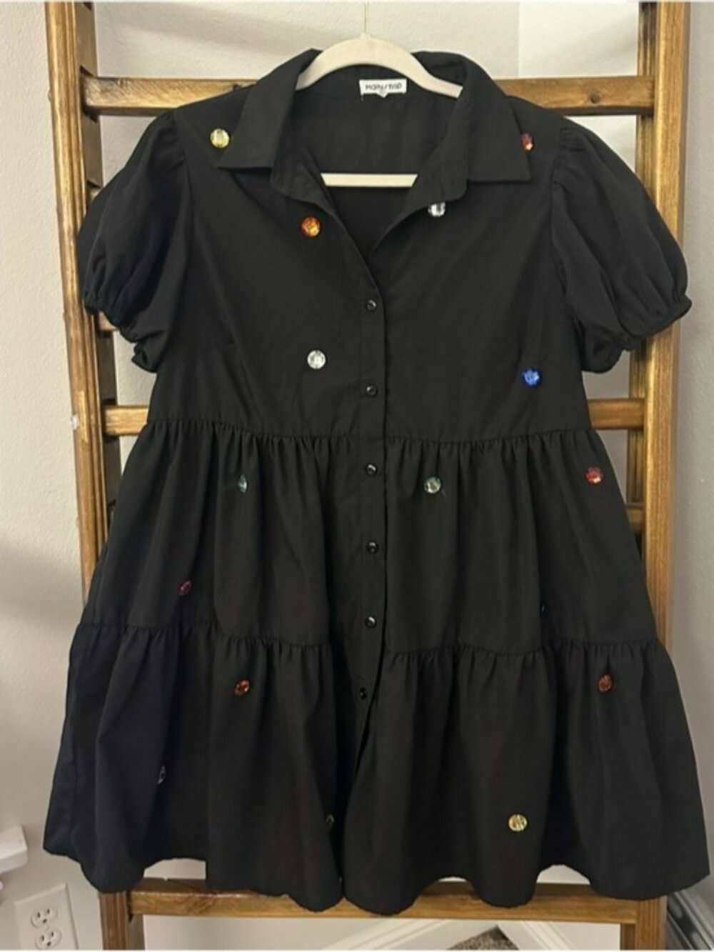 Main Strip Black Button Down Dress with Jewels
